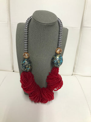 Red micro beads Afro necklace with matching earrings
